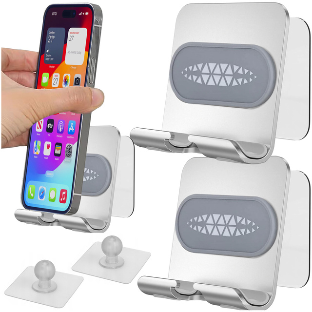 2x Nástěnný držák na telefon tablet 4-12" závěsný háček hliníkový háček na nástěnné zrcadlo Alogy Silver