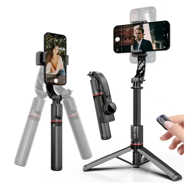 Stabilný statív s gimbalom a diaľkovým ovládaním Bluetooth, selfie tyč, LED lampa, 360° otočné osvetlenie, 70 cm, Techsuit L19s, čierny