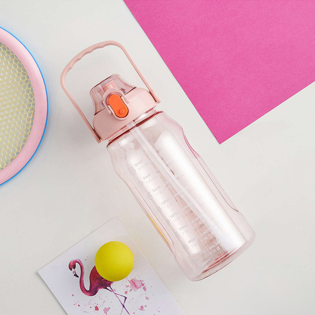 Motivational drinking water bottle with a straw, 1.5l, reminder, motivational measuring cup, handle, pink