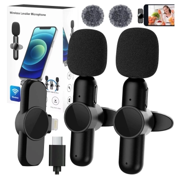 Bezdrátový mikrofon 2x sada - Lightning pro iPhone, potlačení hluku, lehká konstrukce, dosah až 20 metrů - 2x klopový mikrofon s kožešinovým krytem, ​​sluchátko na telefon - Alogy DualVoice™ černá