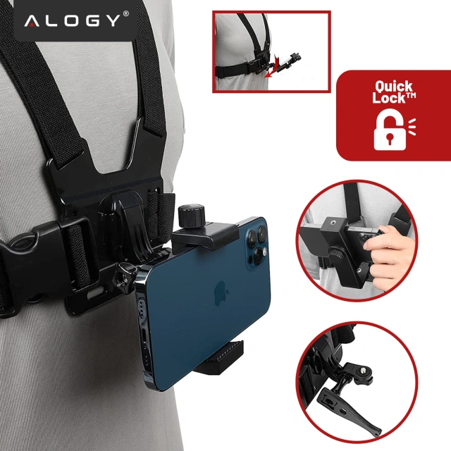Szelki sportowe na klatkę piersiową – uniwersalny uchwyt do kamery, aparatu i telefonu, stabilne nagrywanie POV, regulowane paski – Alogy ChestMount™ Czarne