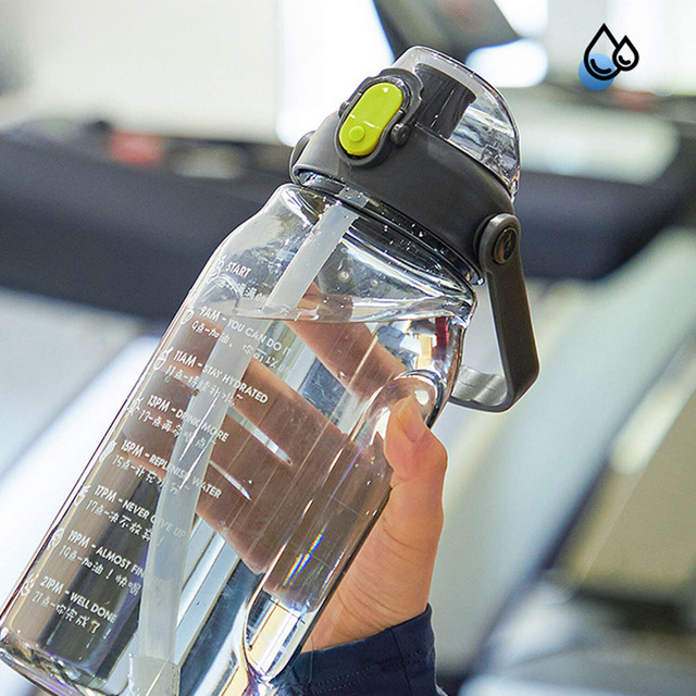 Motivational drinking water bottle with a straw, 1.5l, reminder, motivational measuring cup, handle, black