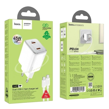 HOCO Wall Charger 2 x Type C Cable Type C to Type C PD QC 45W GaN White