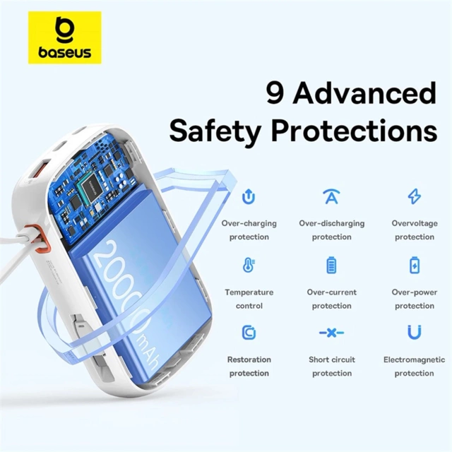 Powerbanka Baseus Qpow Pro 20000mAh 22,5W s vestavěným USB-C kabelem a displejem – bílá