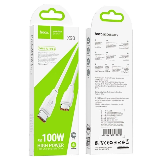 Kabel HOCO Typ C na Typ C 3A 100W X93 2m bílý