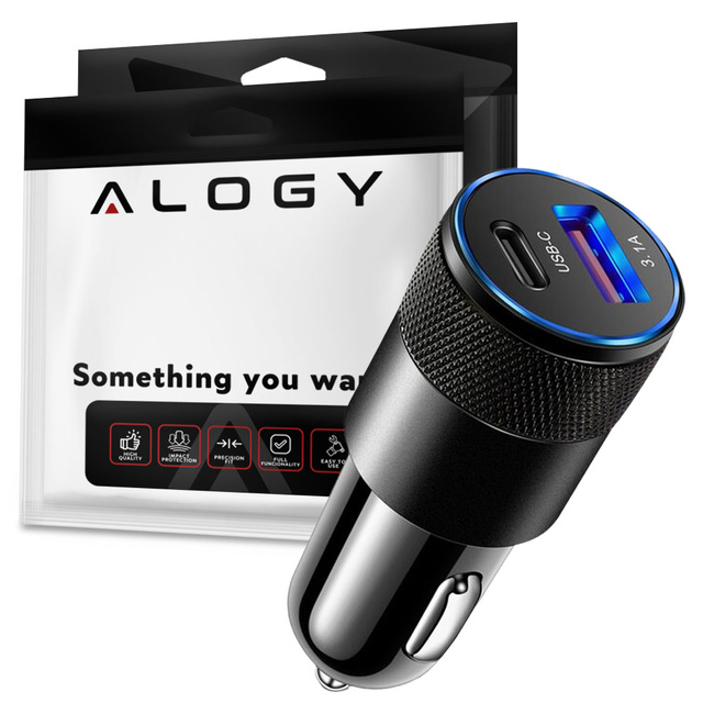 Автомобільний зарядний пристрій Alogy USB-C, тип C, USB 3.1A, чорний, 1 м, кабель USB-C – корпус Lightning