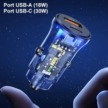 Автомобільний зарядний пристрій USAMS 1xUSB 1xUSB-C C32 30W Fast Charge чорний/чорний CC164CC01 (US-CC164)