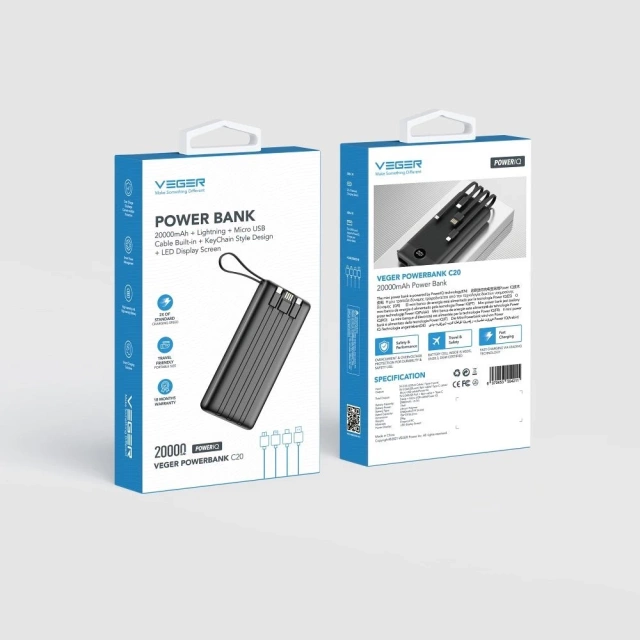 Powerbank Зовнішній акумулятор (POWER BANK) VEGER C20 - 20 000mAh (Micro Type C Lightning 8-pin) чорний W2047