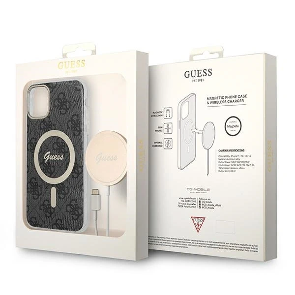 Zestaw Guess GUBPN61H4EACSK Case Charger iPhone 11 6,1" čierny/čierny pevný obal 4G Print MagSafe