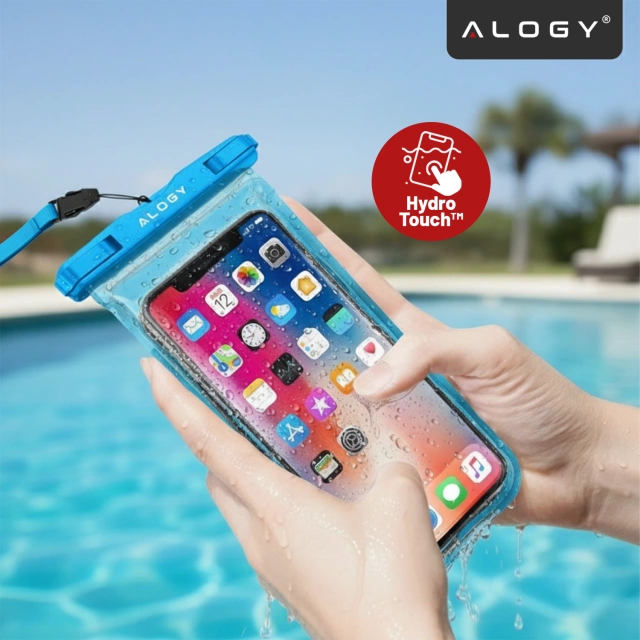 Univerzálne vodotesné puzdro Alogy HydroShield™ IPX8 pre telefóny do 6,5", vodotesná ochrana na pláž, pri bazéne a v kajaku, dotykový displej vpredu a popruh na krk - modré