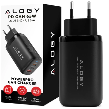 Компактний настінний зарядний пристрій Alogy GaNCharge 3 в 1 швидка зарядка GaN3 65W USB-A 30W 2x USB-C 65W Black