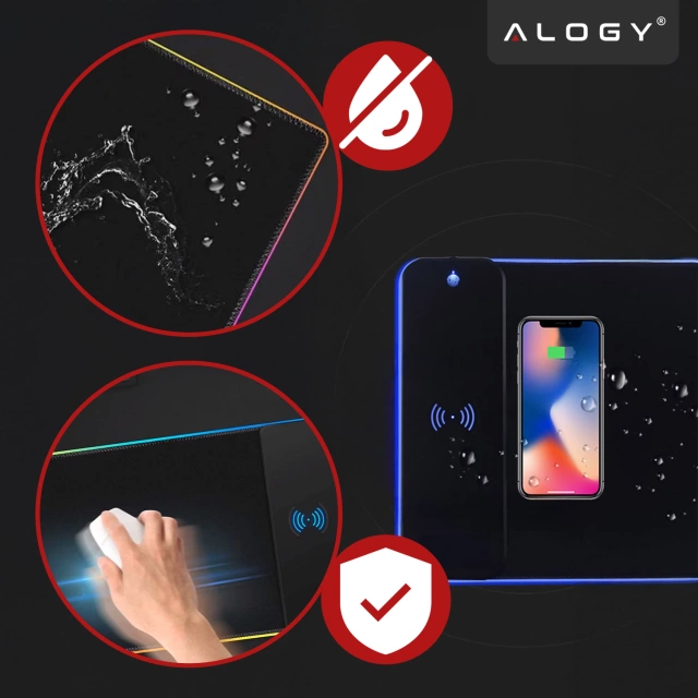 Herná podložka Alogy QiGlow Pro s RGB LED osvetlením pre myš, klávesnicu a Qi nabíjačku pre telefóny. Protišmyková ochranná herná podložka XL 80x30 cm čierna.