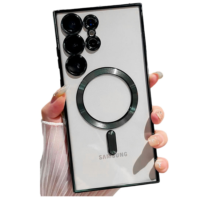 Puzdro pre Samsung Galaxy S24 Ultra Mag Safe Glamour Puzdro prstencový kryt ochrana fotoaparátu Alogy čierne priehľadné sklo