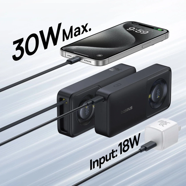 Powerbanka Baseus Free2Pull 10000mAh 30W s portom USB-C a zasúvacím káblom USB-C – čierna