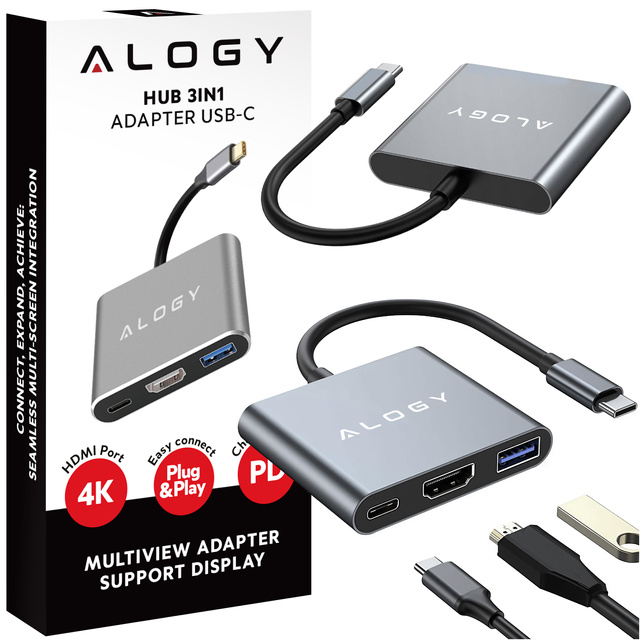 HUB 3v1 adaptér USB-C na HDMI USB-A USB-C 4K 60Hz Alogy sivá