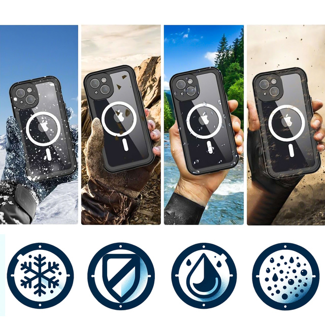 Puzdro na iPhone 15 Plus vodotesné Mag Safe Case pancierové vodotesné puzdro čiernej a šedej farby