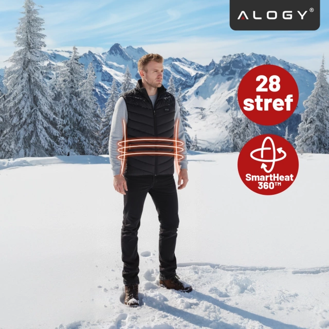 Kamizelka grzewcza z 28 strefami – 4-stopniowa regulacja temperatury, zasilanie USB, idealna na zimę i aktywności outdoor – Alogy ThermoVest™ Czarna (L)