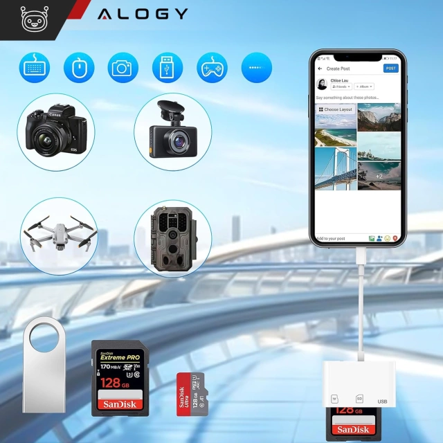 SD TF картрідер USB Alogy адаптер з роз'ємом USB-C для Apple iPhone iPad White