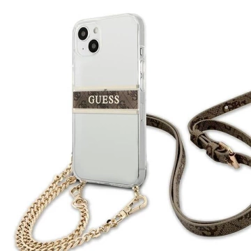 Guess GUHCP13SKC4GBGO iPhone 13 mini 5,4" priehľadné pevné puzdro 4G hnedý remienok zlatá retiazka