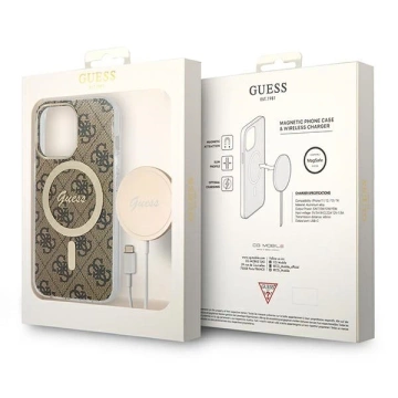 Zestaw Guess GUBPP13LH4EACSW Case  Charger iPhone 13 Pro brązowy/brown hard case 4G MagSafe Print