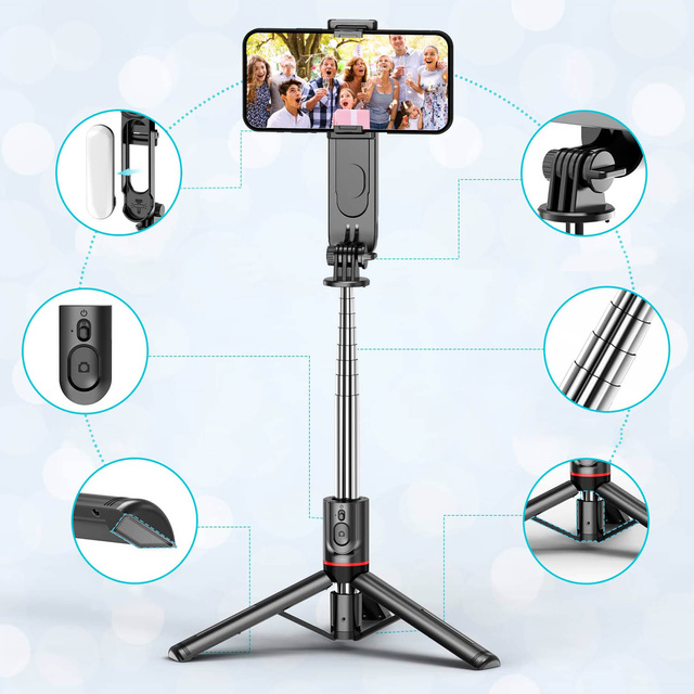 Kijek Selfie Stick uchwyt do telefonu zdjęć statyw Tripod L15 z Lampa LED + Pilot Bluetooth na telefon Czarny