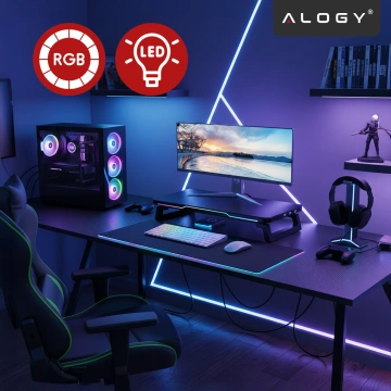 Podstawka pod monitor z lampką listwą świetlną RGB z wejściami HUB USB (3× USB-A, 1× USB-C) – biurkowa do Home Office, Gaming, poprawa ergonomii – Alogy MonitorStand™ Czarna