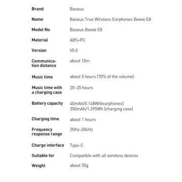 Baseus E8 Wireless Bluetooth 5.0 TWS slúchadlá vodotesné IPX5 čierne (NGE8-01)
