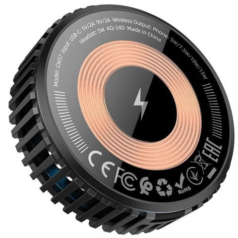 Indukčná nabíjačka Hoco 2v1 15W Qi MagSafe s ventilátorom – čierna