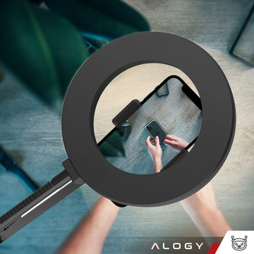 Kruhová kreslicí lampa LED Alogy s ohebným ramenem a stolním stojánkem, držákem telefonu v černé barvě