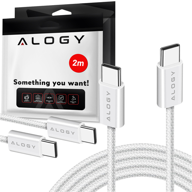 Kabel USB-C typu C silný rychlý PD 2M pro iPhone 15 Alogy nylonový kabel Bílý