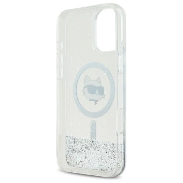 Etui Karl Lagerfeld pre iPhone 16 6,1" Magsafe Hardcase Transparentná tekutá trblietavá choppetová hlava
