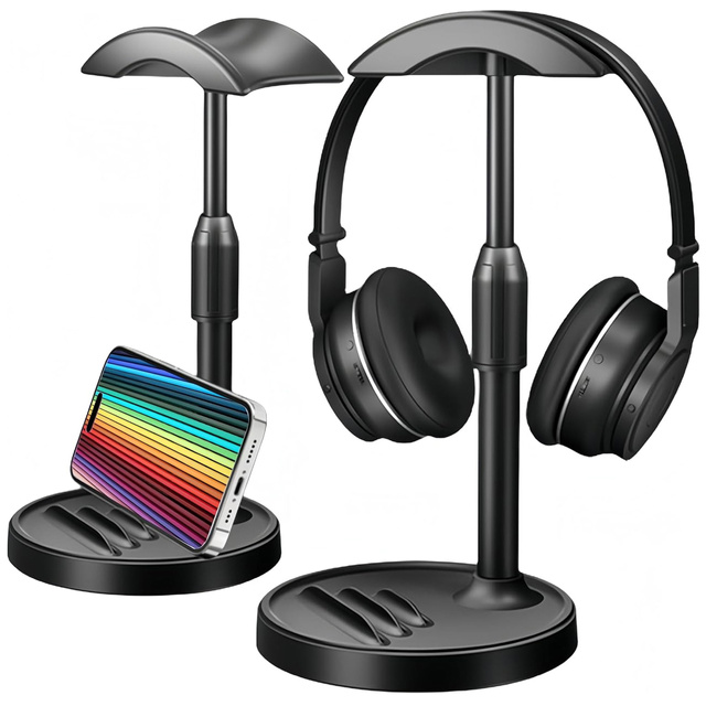 Desk Stand Headphone Hook Holder Adjustable for Desk with Phone Stand Hanger Hook Alogy Black