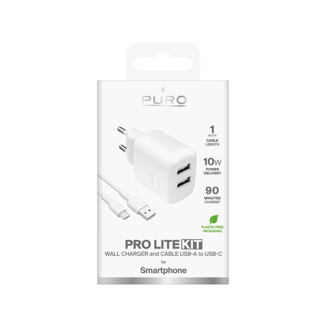 Ładowarka Puro PROLITE 10W 2x USB-A + kabel USB-A–USB-C 1,2 m – biała