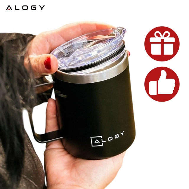 Thermal mug 420 ml with a handle and lid for coffee, tea, steel, cold and hot drinks, Alogy Black