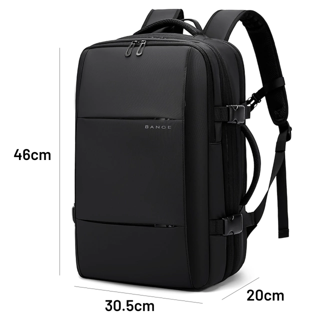 Bange Waterproof Laptop Backpack for City Travel 46x30.5x20 cm with the possibility of expansion for work on an airplane for men and women with a vacuum compartment and a vacuum pump Black