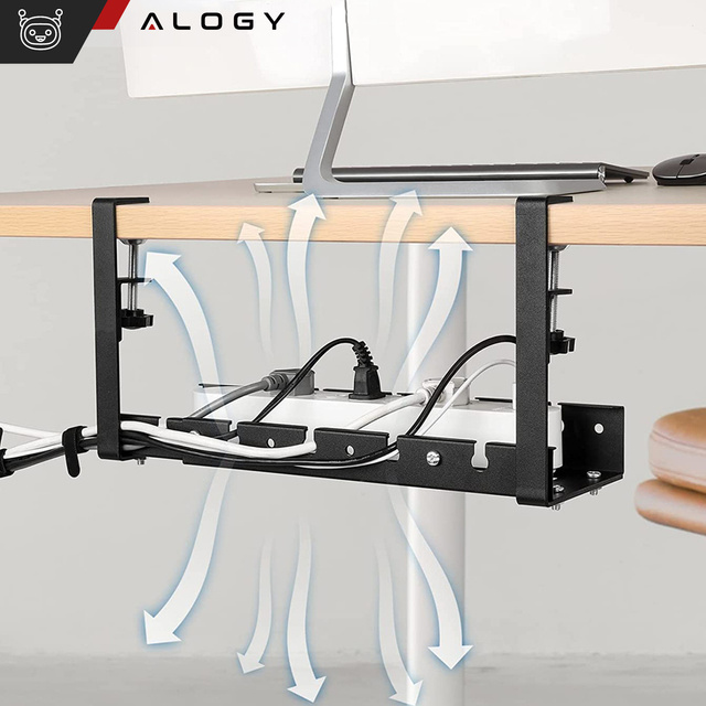 Cable organizer under the tabletop, adjustable shelf for cables, desk strip, aluminum holder Alogy Black