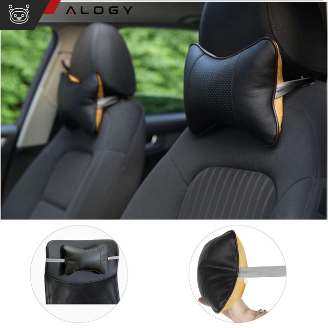 Profiled car neck pillow for the headrest of the car, comfortable soft eco-leather Alogy Black