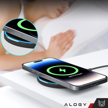 QI bezdrátová indukční nabíječka 20W rychlá LED Alogy kulatý silný USB-C kabel Černý