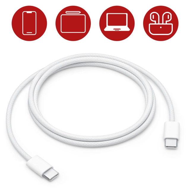 Kábel Apple USB-C na USB-C 1 m, 60 W, biely, odolný, originálny