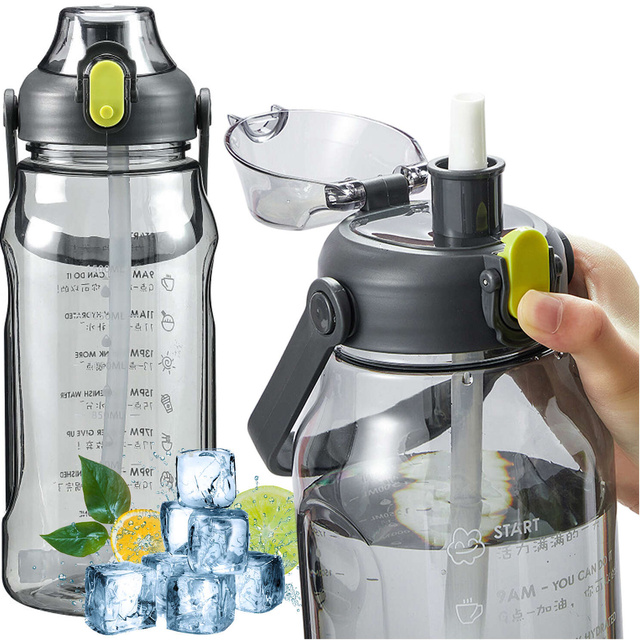 Flasche, Trinkflasche mit Strohhalm, 1,5l, motivierend, mit Erinnerung, mit motivierender Maßnahme, mit Griff, schwarze Waschbürste