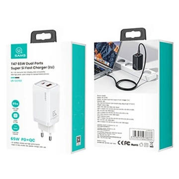 USAMS Wall charger 1xUSB-C 1xUSB T47 65W PD Fast Charging Super Si white/white CC153TC02 (US-CC153)