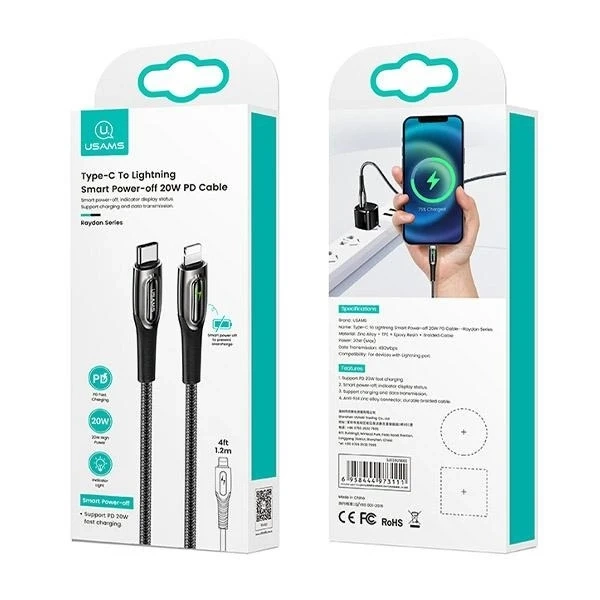 Плетений кабель USAMS USB-C до Lightning Smart Power-off 20W PD Кабель 1,2 м Темно-зелений
