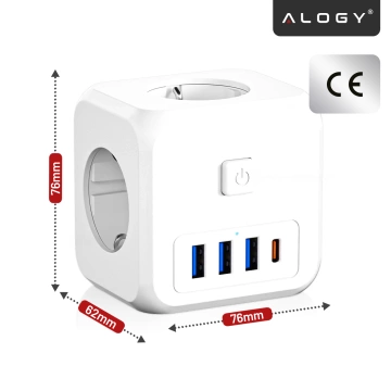 Sieťový rozbočovač rozbočovač Nabíjací adaptér zlodej 3 zásuvky EU 3x USB USB-C C 7v1 Alogy Biela