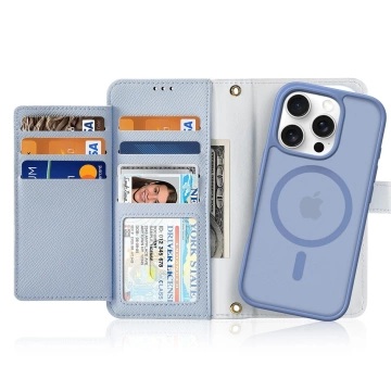 Dux Ducis Lawa iPhone 16 Pro Lederhülle mit blauem MagSafe Wallet