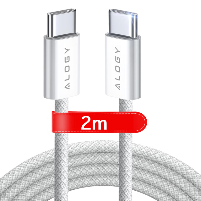 Kábel USB-C typu C silný rýchly PD 2M pre iPhone 15 Alogy nylonový kábel Biely