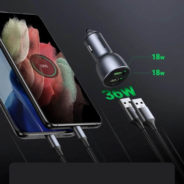 UGREEN 2x USB 36W Quick Charge SCP FCP AFC nabíjačka do auta sivá (CD213 10144)