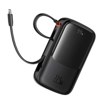 Powerbanka Baseus Qpow Pro 10000mAh 22,5W s vestavěným USB-C kabelem a displejem - černá