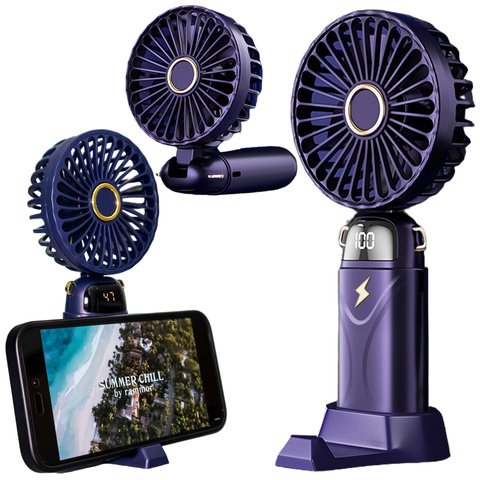 Ventilátor, ruční stolní ventilátor, Alogy, bezdrátový, přenosný, stojící se stojánkem na telefon, tmavě modrá
