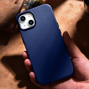Kožené pouzdro iCarer Originální kožené pouzdro na telefon pro iPhone 14 Plus Modré (kompatibilní s MagSafe)