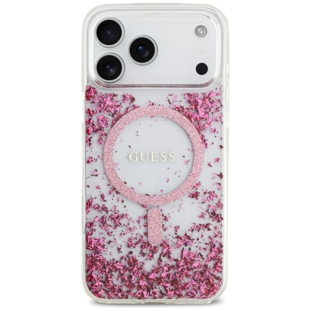 Etui Guess MagSafe do iPhone 17 Pro Max Resin Bottom Glitter Pink